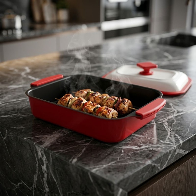 Heat-resistant microwave steamer with lid being used to cook vegetables and eggs in microwave oven